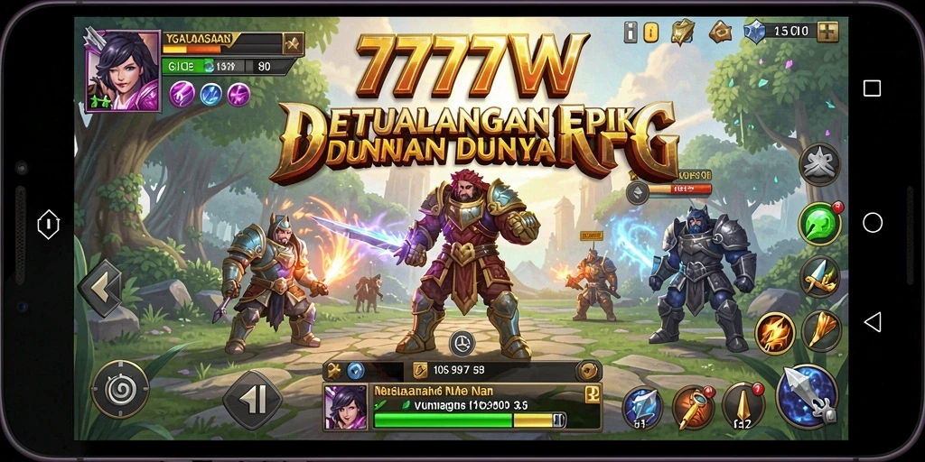 Screenshot utama 7777W menampilkan pertarungan epik dalam dunia fantasi.