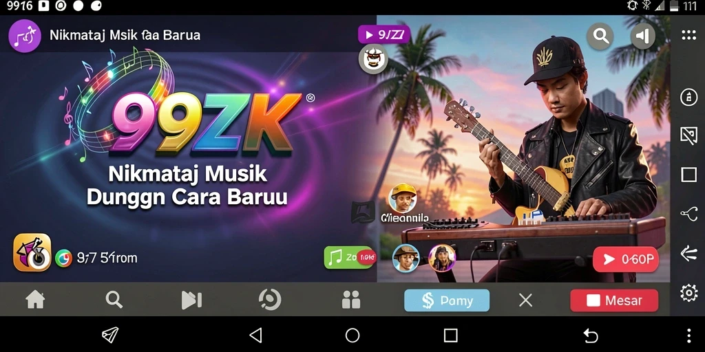 Tangkapan layar gameplay 99ZK menampilkan antarmuka menarik dan berbagai genre musik.