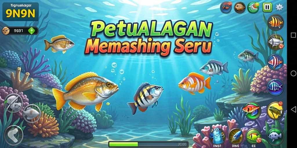 Tampilan gameplay mendebarkan dari 9N9N saat menangkap ikan.