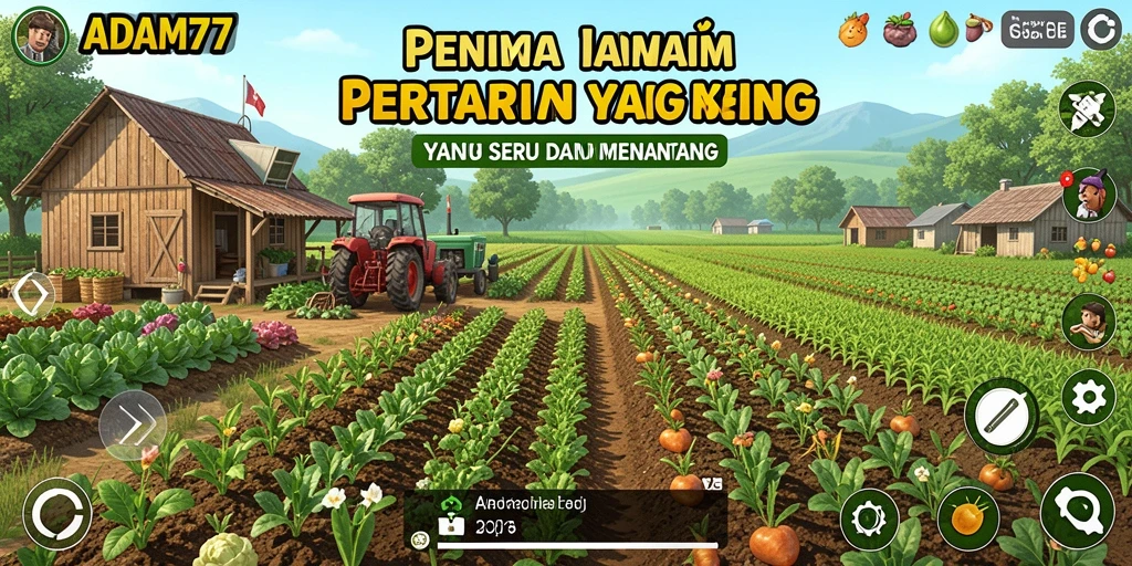 Tampilan gameplay seru dalam ADAM77 menunjukkan aktivitas pertanian yang menyenangkan.