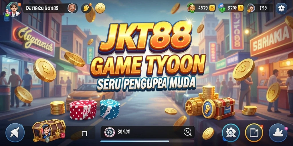 Screenshot utama JKT88 menampilkan gameplay seru dalam simulasi bisnis.