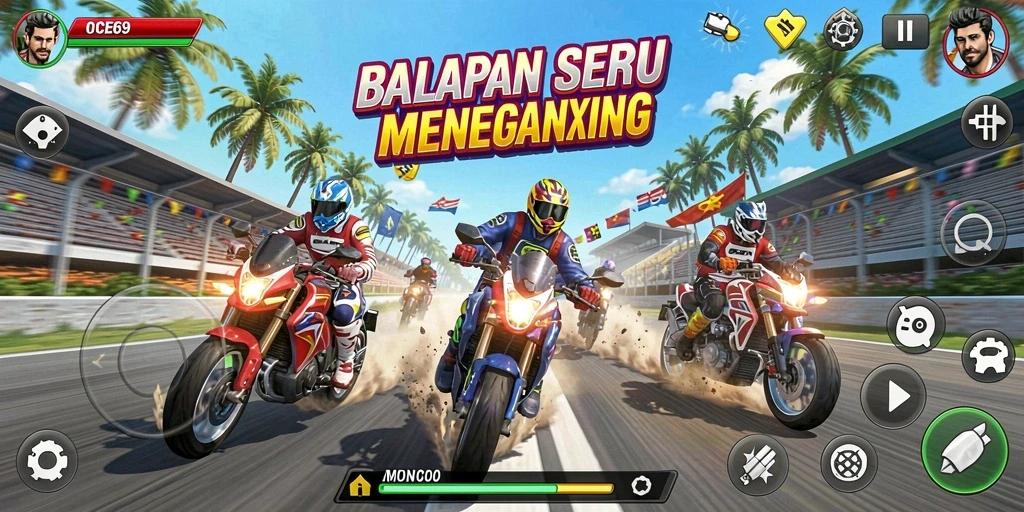 Screenshot gameplay OCE69 menampilkan aksi balapan yang mendebarkan.
