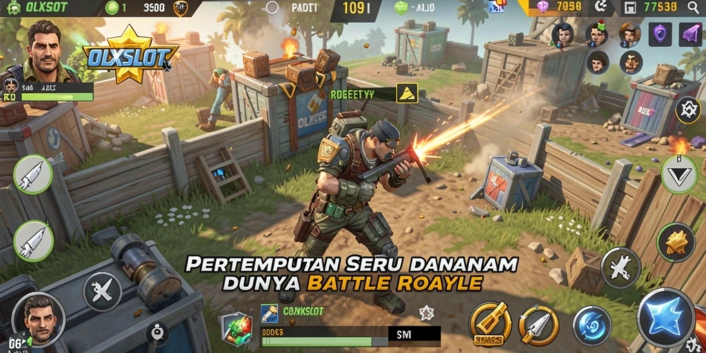 Screenshot gameplay OLXSLOT menunjukkan aksi pertempuran sengit di arena Battle Royale.
