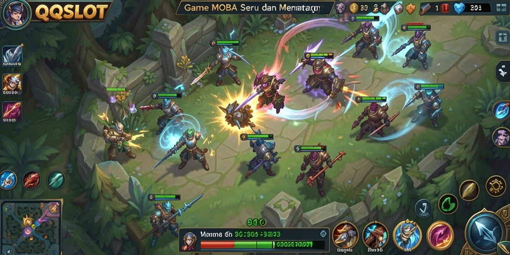 Screenshot utama QQSLOT menampilkan aksi gameplay MOBA seru.