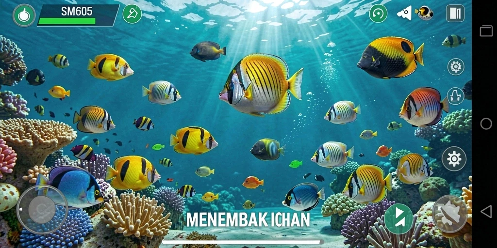 Menampilkan gameplay seru menembak ikan di laut yang indah.