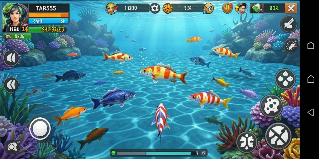 Screenshot TAR555 menunjukkan gameplay menembak ikan yang seru.
